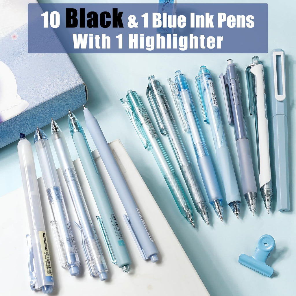 Four Candies Retractable Pen Set, 11Pcs Black Ink Gel Pens(0.5mm), 1Pcs Blue Highlighter, 0.5mm Fine Point for Journaling, Writing and Note-Taking