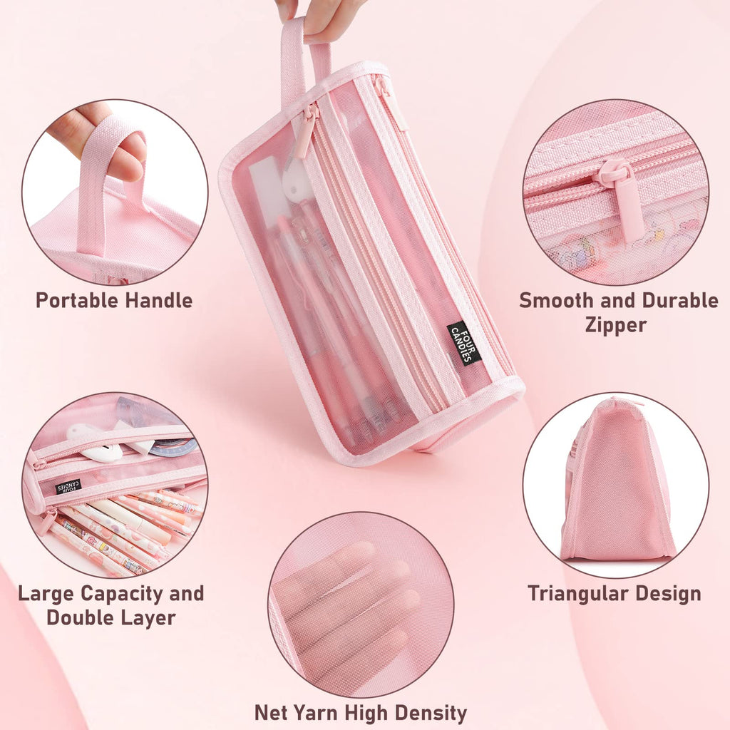 Four Candies Large Capacity Pencil Case, Pink Pencil Case with Zipper, Organized Pencil Cases for Adults, Handheld Pen Bag, Portable Cute Pencil Case