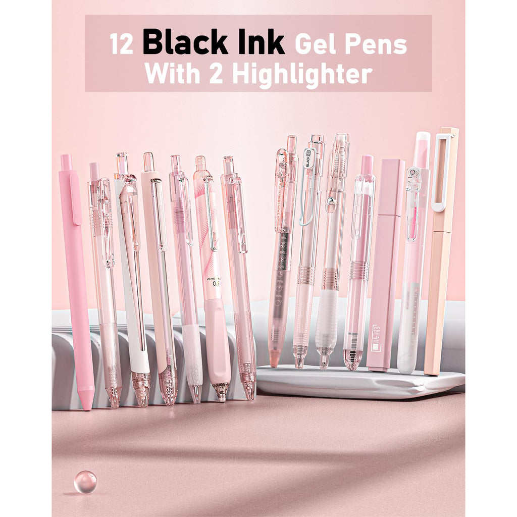 Four Candies 14Pack Pastel Gel Ink Pen Set,Cute Retractable 0.5mm Fine Point Pen,12 Pack Black Ink Pens with 2Pack Highlighter, Smooth Writing Pens(Pink)