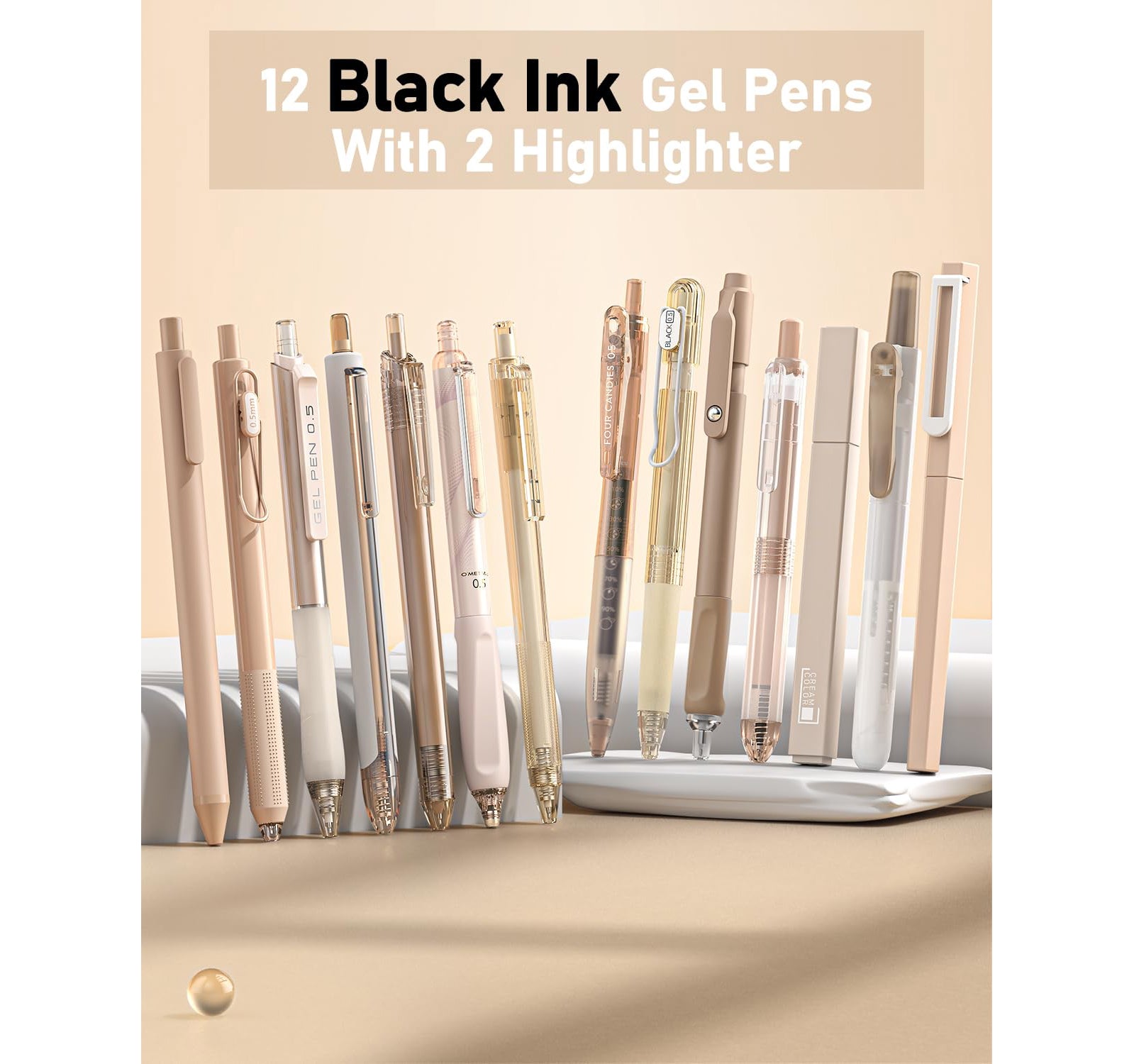 Four Candies 14Pack Pastel Gel Ink Pen Set with 12 PCS Cute Retractable 0.5mm Fine Point Pens with 2Pack Highlighter, Smooth Writing Pens (Brown)