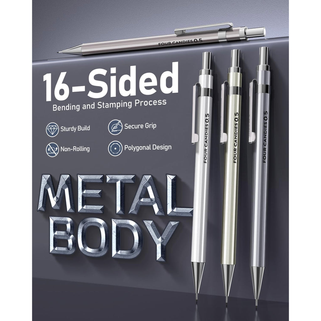 Four Candies 4PCS Metal Mechanical Pencil 0.5mm, 480PCS Lead Refills, 3PCS Erasers, 9PCS Eraser Refills, Lead Mechanical Pencils for Writing, Drawing