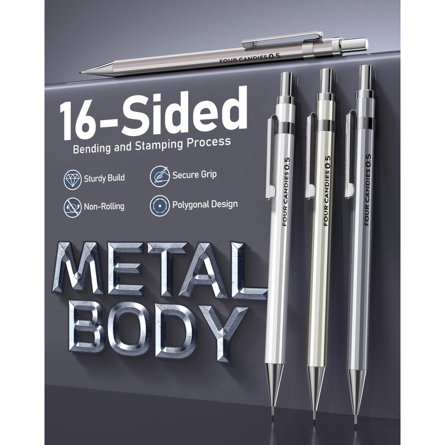 Four Candies 4PCS Metal Mechanical Pencil 0.5mm, 480PCS Lead Refills, 3PCS Erasers, 9PCS Eraser Refills, Lead Mechanical Pencils for Writing, Drawing