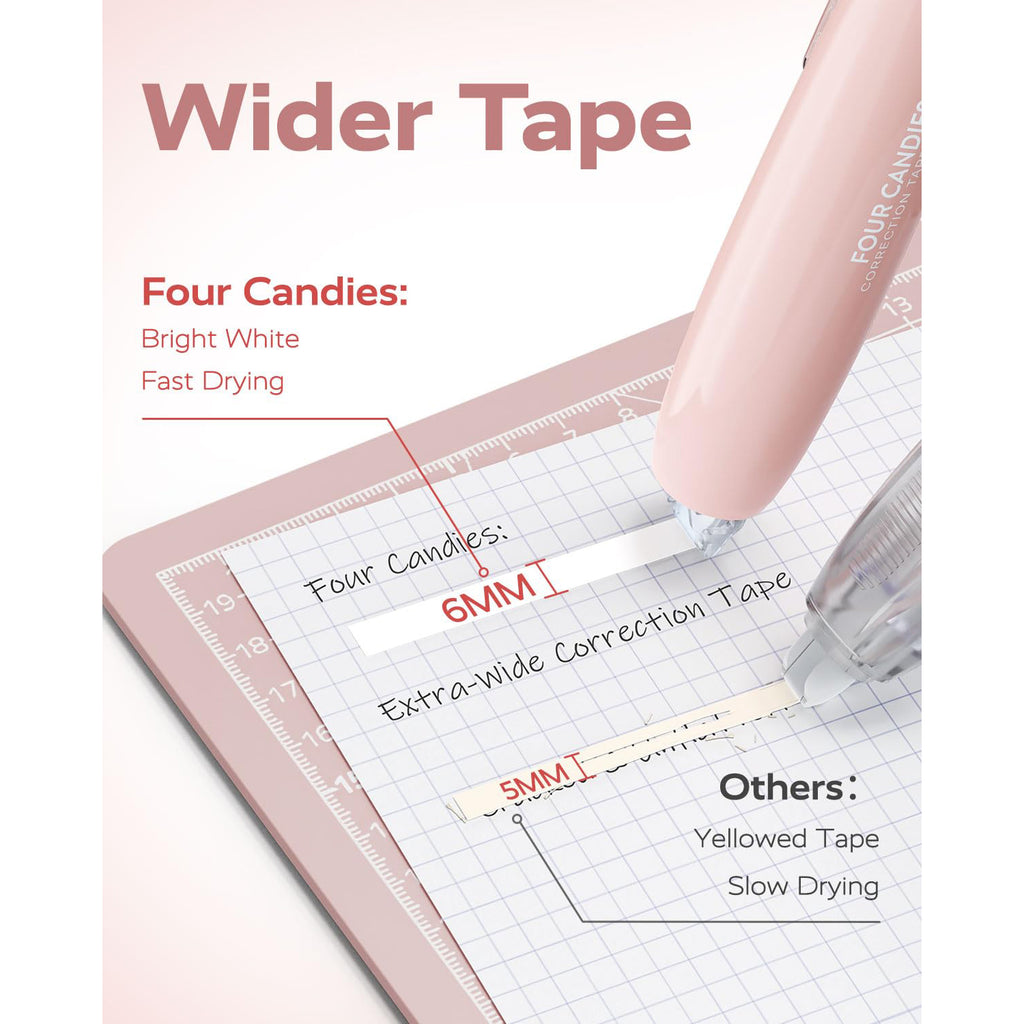 Four Candies 6MM Retractable White Correction Tape, 4PCS White Smooth Pull Out Correction Tape with 4 Extra Refills,Tear-Resistant Tape Pen & Quick Drying (Pink)