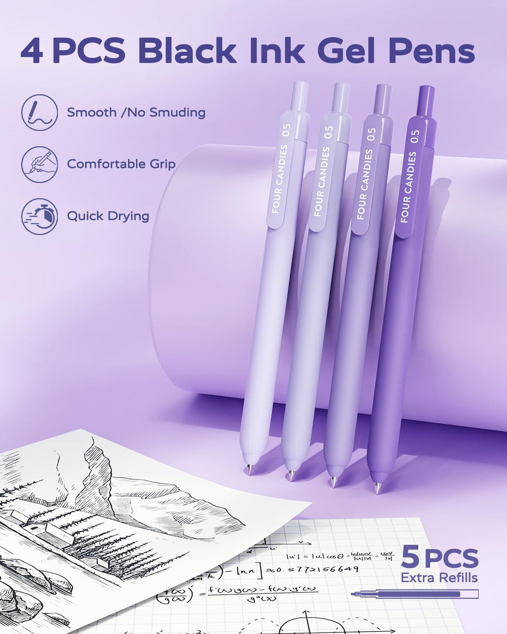 Four Candies Aesthetic Supplies, 4 Gel Pens with Black Ink, 4 Correction Tapes, 2 Pastel Highlighters, 2 Mechanical Pencils, Sticky Notes, Index Post for Bible Supplies with Case Purple