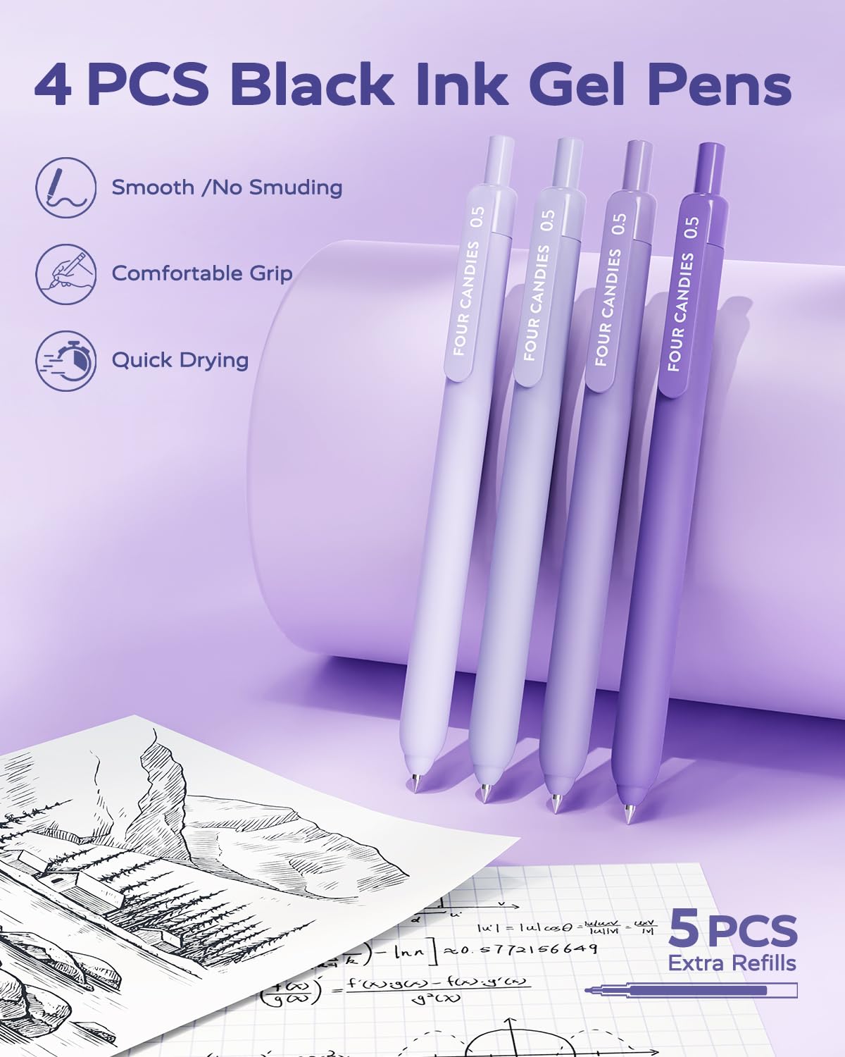 Four Candies Aesthetic Supplies, 4 Gel Pens with Black Ink, 4 Correction Tapes, 2 Pastel Highlighters, 2 Mechanical Pencils, Sticky Notes, Index Post for Bible Supplies with Case Purple