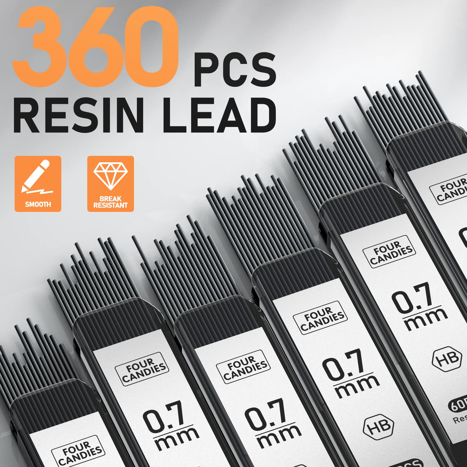 Four Candies Metal Mechanical Pencil Set - 3PCS 0.7mm Art Mechanical Pencils & 360PCS HB Lead Refills & 3PCS Erasers & 9PCS Eraser Refills, Drawing Mechanical Pencils for Writing, Sketching-With Case