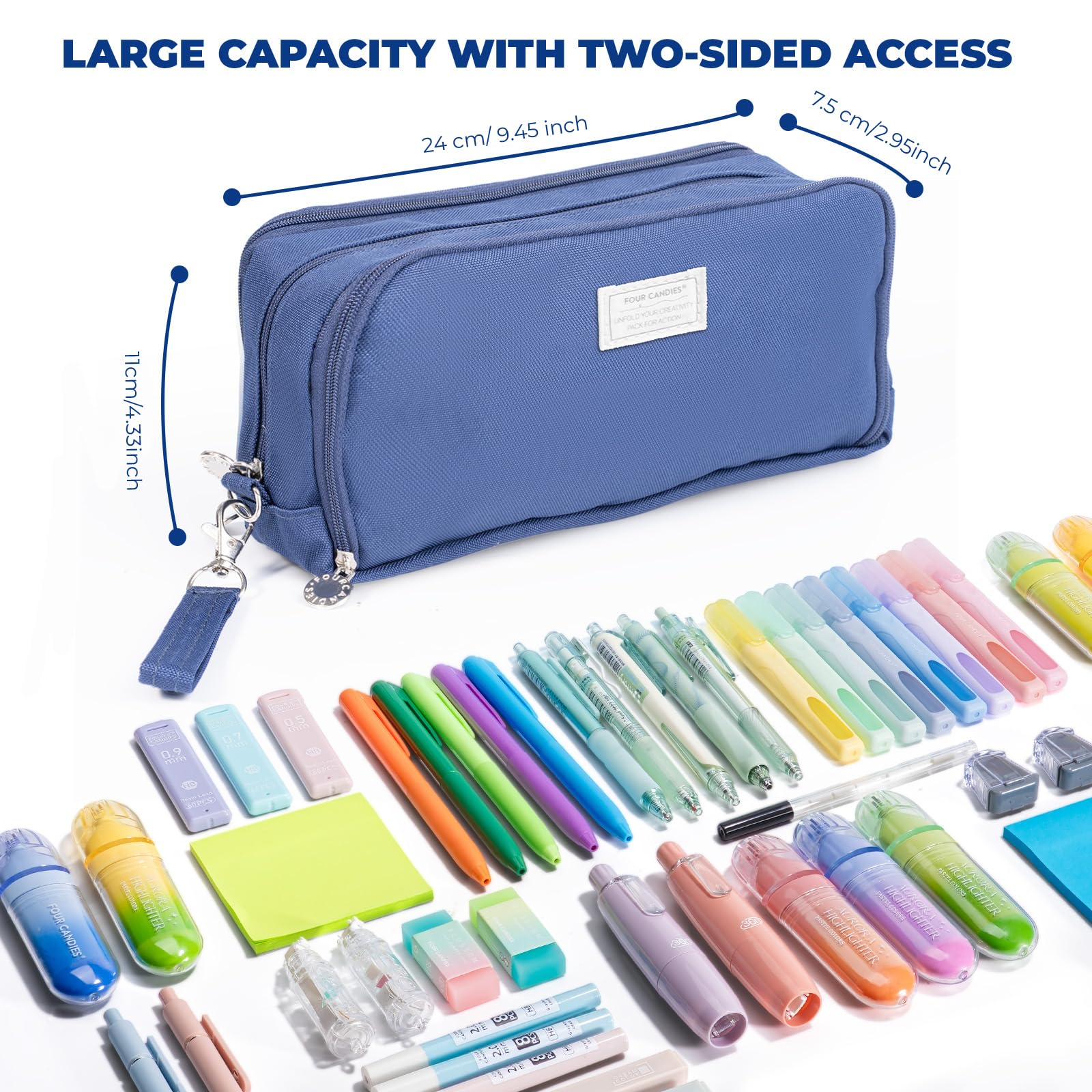 Four Candies Pencil Case 3 Compartment, Large Pencil Case with Removable Handle & Zipper, Cute Stationery Organizer for Markers, Makeup Bag, Cute Pencil Bag for Office College, Navy Blue