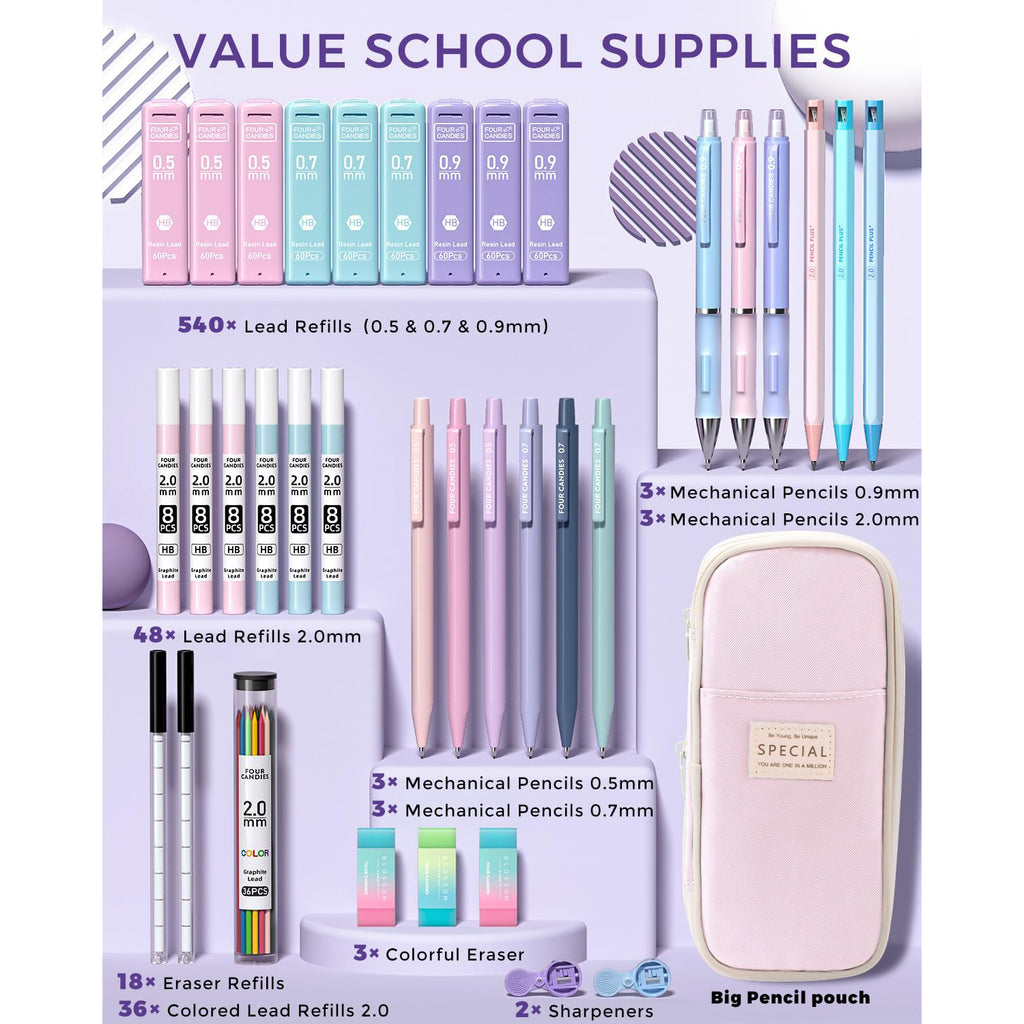 Four Candies 36PCS Aesthetic Supplies in Large Capacity Pencil Case, 12PCS Mechanical Pencils 0.5-2.0mm with 624PCS Lead Refills, Cute Pencils Ideal for Writing, Drawing & Drafting (Pink)