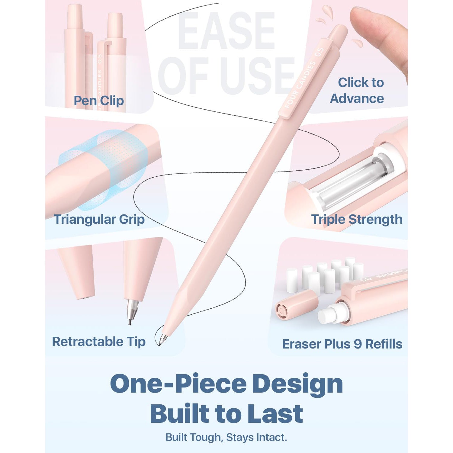 Four Candies Mechanical Pencils 0.5, with HB & 2B Lead Refills 0.5mm, Pastel Eraser Set & Eraser Refills, 16-Count Pack with Case for Writing, Drawing and Drafting