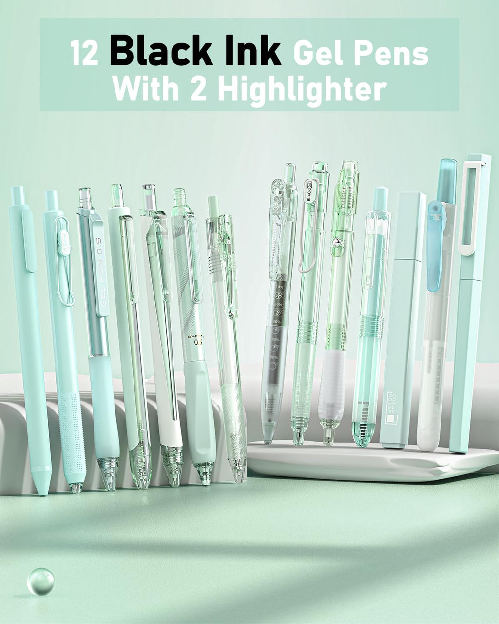 Four Candies Gel Pen with 2 Pieces Highlighter, Fine,0.5 mm, Black Ink, 14 Piece