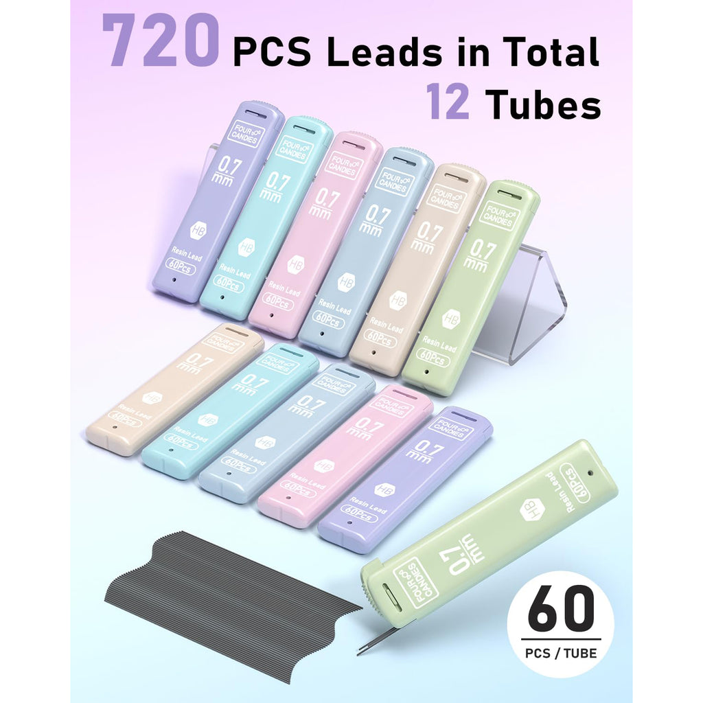 Four Candies 0.7mm Lead Refills in Case, Pack of 720 PCS Black HB #2 Break Resistant Mechanical Pencil Refills, 12 Tubes of 0.7 Lead, 60 Pieces per Tube