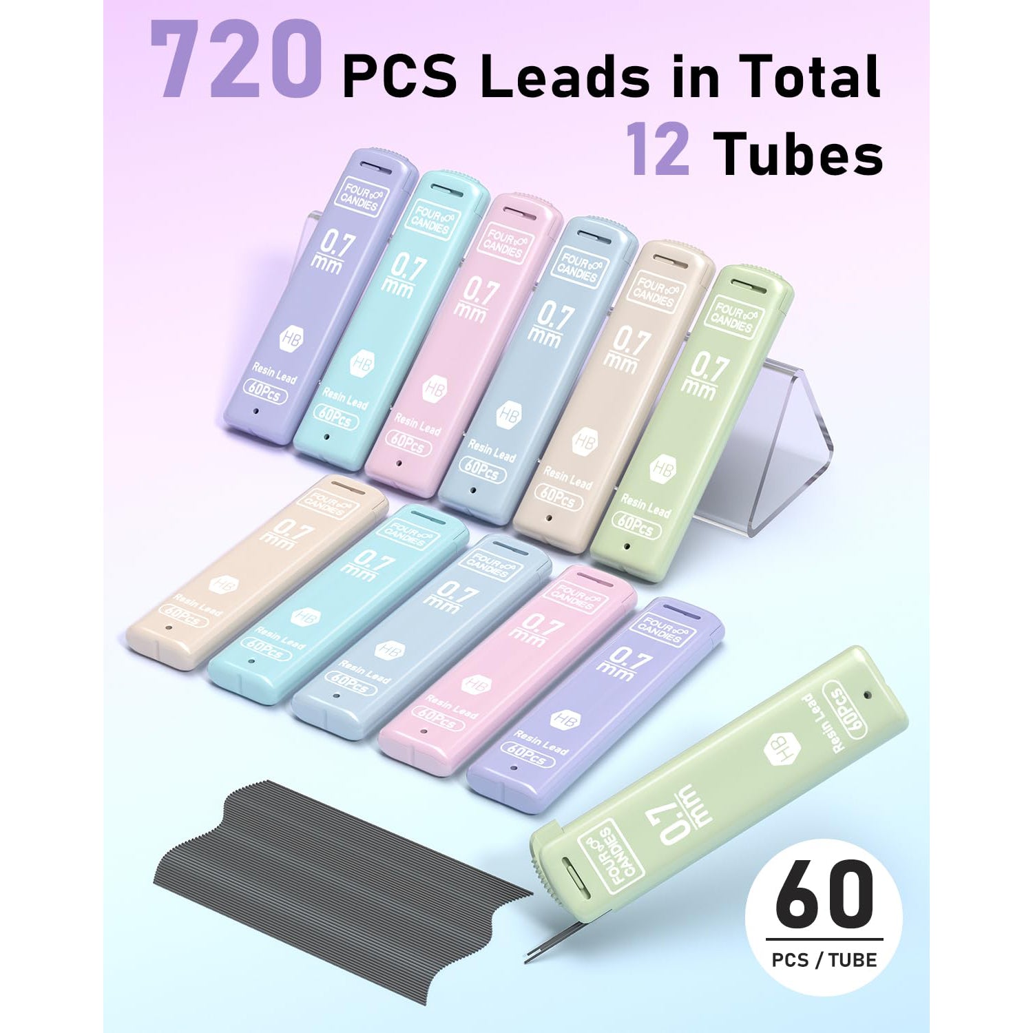 Four Candies 0.7mm Lead Refills in Case, Pack of 720 PCS Black HB #2 Break Resistant Mechanical Pencil Refills, 12 Tubes of 0.7 Lead, 60 Pieces per Tube