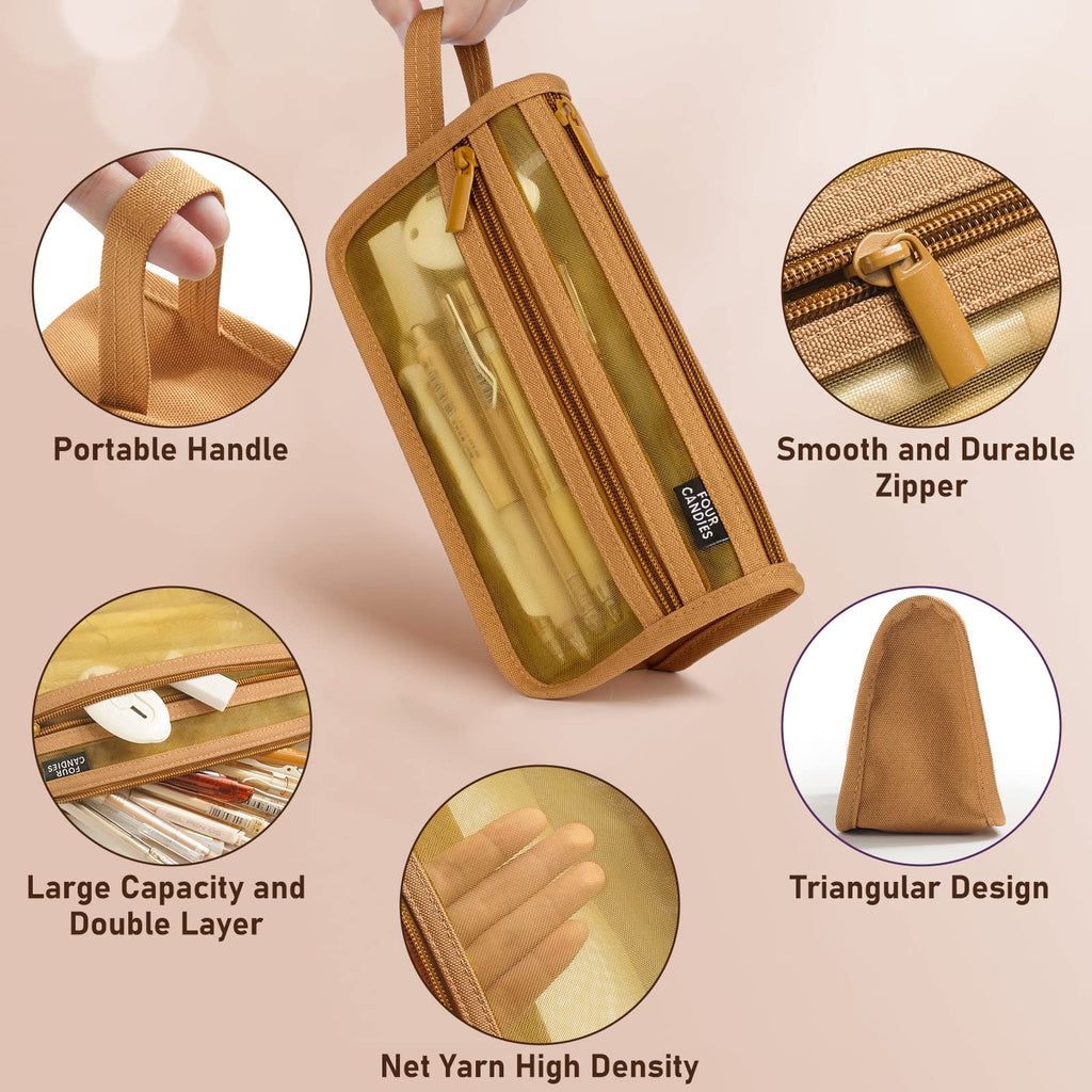 Four Candies Large Capacity Pencil Case, Pencil Case with Zipper, Organized Pencil Cases for Adults, Handheld Pen Bag, Portable Cute Pencil Case, School Supplies for Kids Girls, Brown