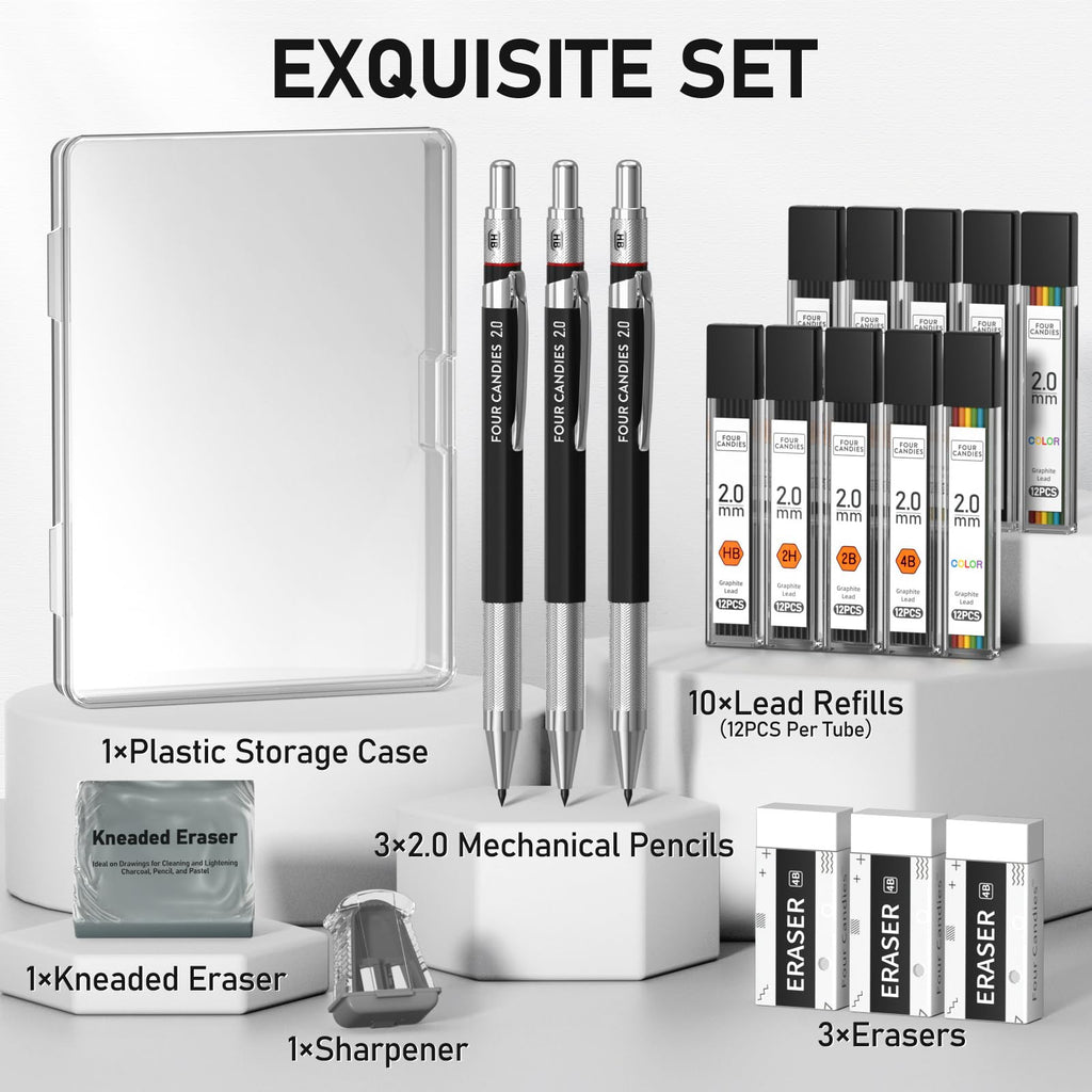 Four Candies 3PCS 2MM Mechanical Pencils with Case, Artist Lead Pencil Metal Lead Holder with Graphite Lead Refills, 4 Erasers, Sharpener, Drafting Pencil for Drawing, Sketching