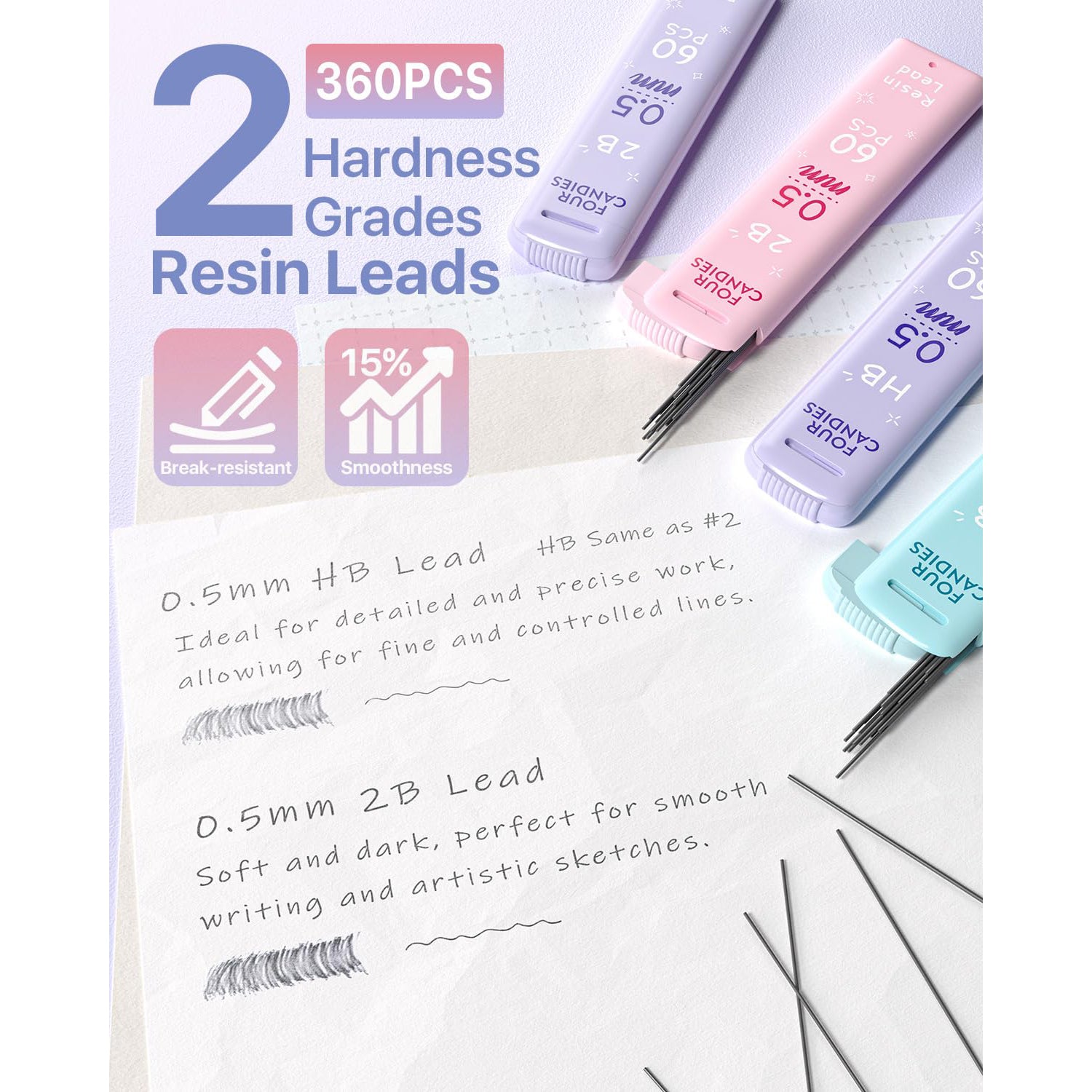 Four Candies 0.5 mm Mechanical Pencil Set - 6PCS Cute Pencils with 360PCS HB & 2B Lead Refills, 3PCS Pastel Erasers and 9PCS Eraser Refills, Aesthetic Supplies for Writing Drawing Drafting