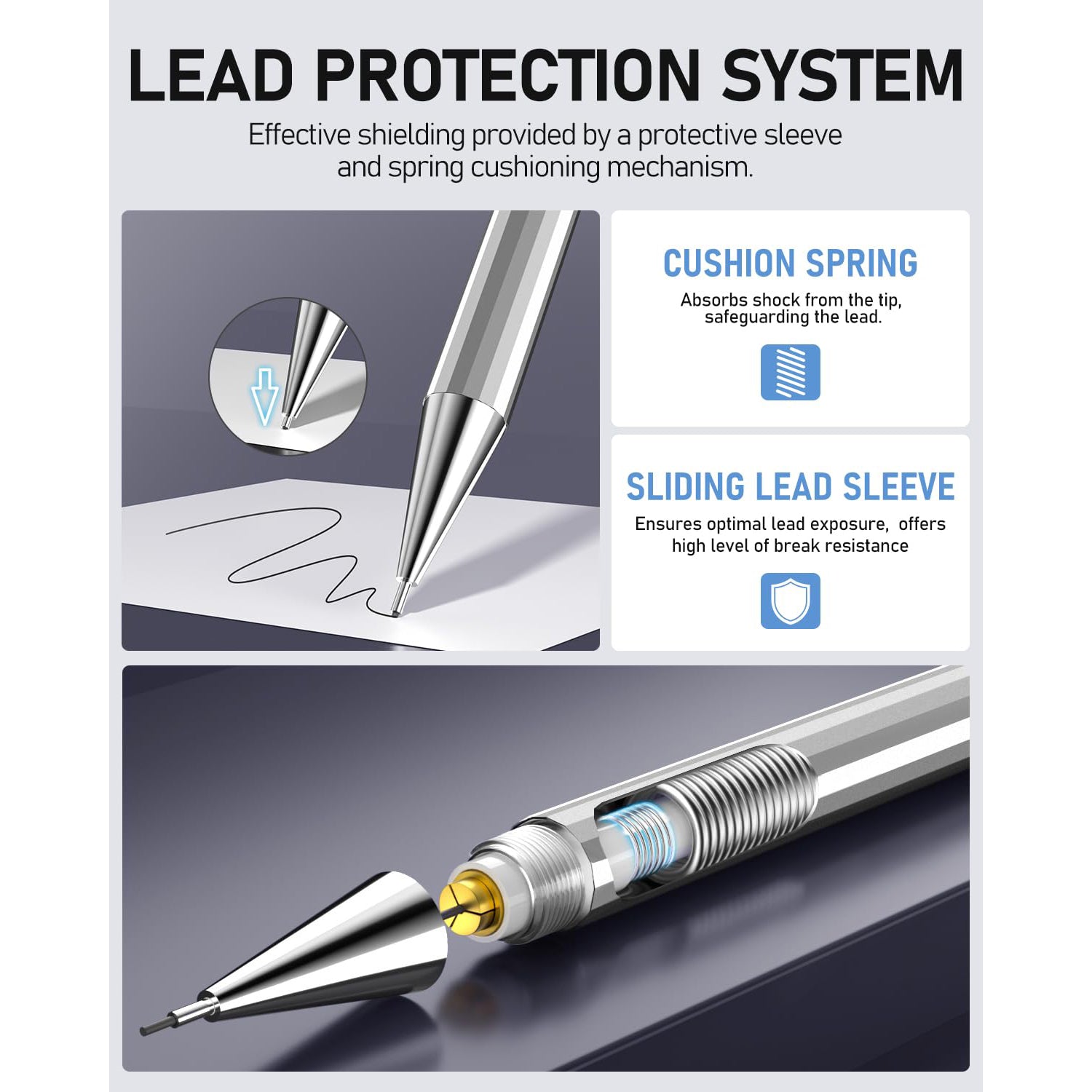 Four Candies 0.9mm Metal Mechanical Pencil Set with Case - 4PCS Fancy Mechanical Pencils, 8 Tubes HB #2 Lead Refills, 3PCS 4B Erasers and 9PCS Eraser Refills, for Writing