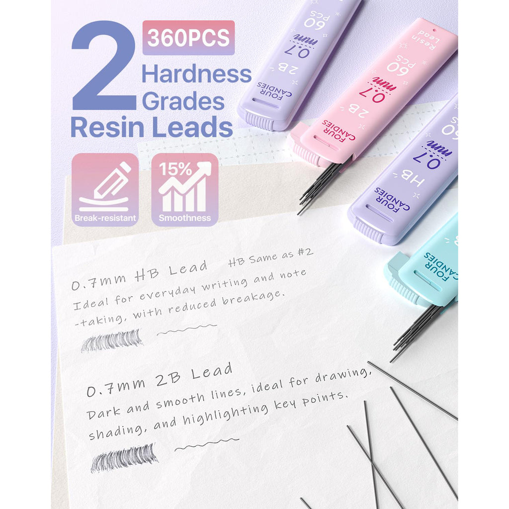 Four Candies 0.7mm Mechanical Pencil Set - 6PCS Cute Pencils with 360PCS HB & 2B Lead Refills, 3PCS Pastel Erasers and 9PCS Eraser Refills, Aesthetic Supplies for Writing Drawing
