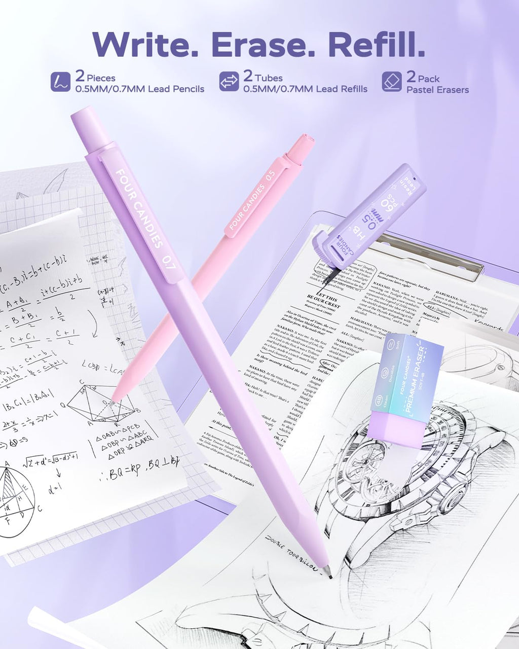 Four Candies Aesthetic Supplies, 4 Gel Pens with Black Ink, 4 Correction Tapes, 2 Pastel Highlighters, 2 Mechanical Pencils, Sticky Notes, Index Post for Bible Supplies with Case Purple