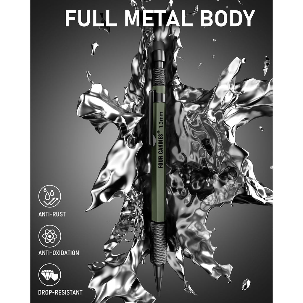 Four Candies 3PCS 1.3mm Mechanical Pencil Set with Case, Metal Heavy Duty Carpenter Pencils with 48 Refill(Red,Black,Yellow) 3Eraser, 12Eraser Refill(Green)