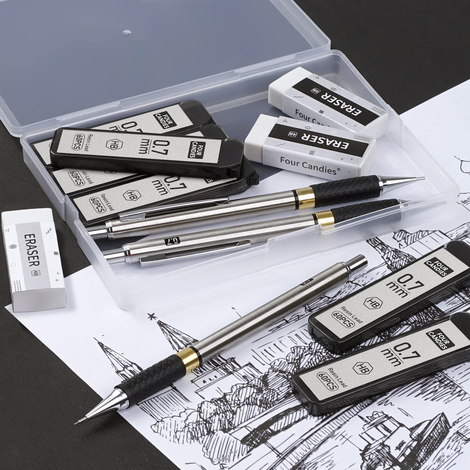 Four Candies Metal Mechanical Pencil Set - 3PCS 0.7mm Art Mechanical Pencils & 360PCS HB Lead Refills & 3PCS Erasers & 9PCS Eraser Refills, Drawing Mechanical Pencils for Writing, Sketching-With Case