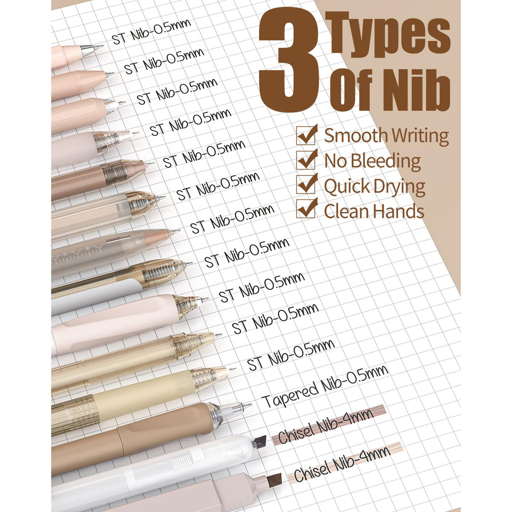 Four Candies 14Pack Pastel Gel Ink Pen Set with 12 PCS Cute Retractable 0.5mm Fine Point Pens with 2Pack Highlighter, Smooth Writing Pens (Brown)