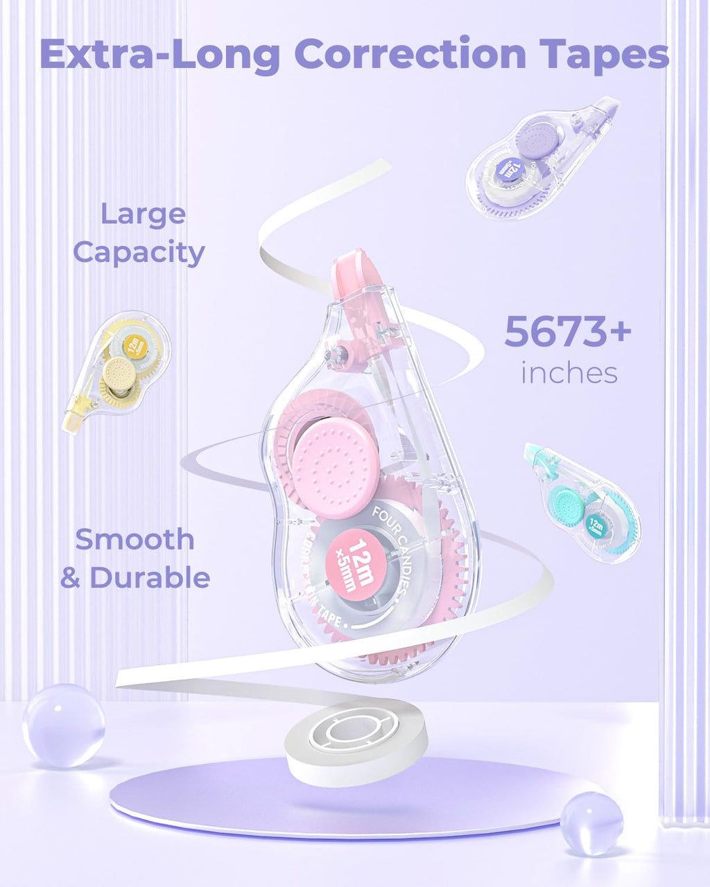 Four Candies White Correction Tape, 39.4 Feet, 4 Pack Easy to Use Applicator for Instant Corrections, Tear-Resistant, Smooth & Quick-Drying Tape