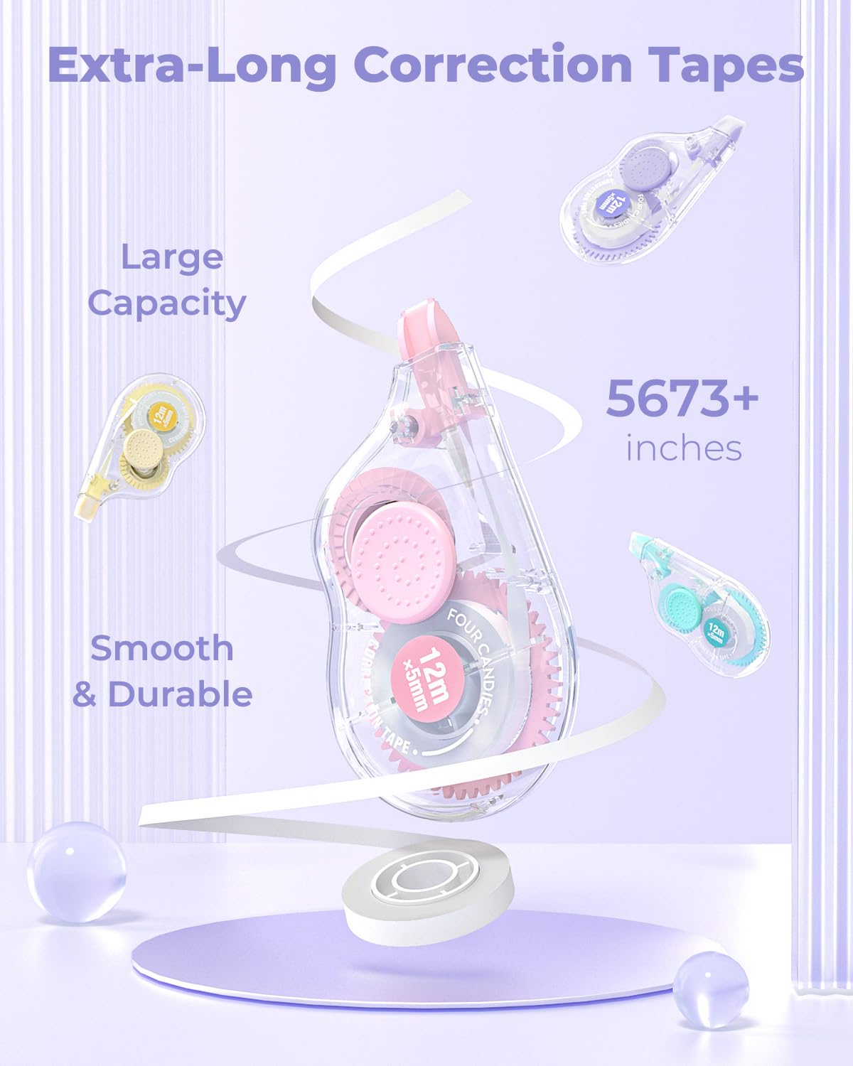 Four Candies White Correction Tape, 39.4 Feet, 4 Pack Easy to Use Applicator for Instant Corrections, Tear-Resistant, Smooth & Quick-Drying Tape