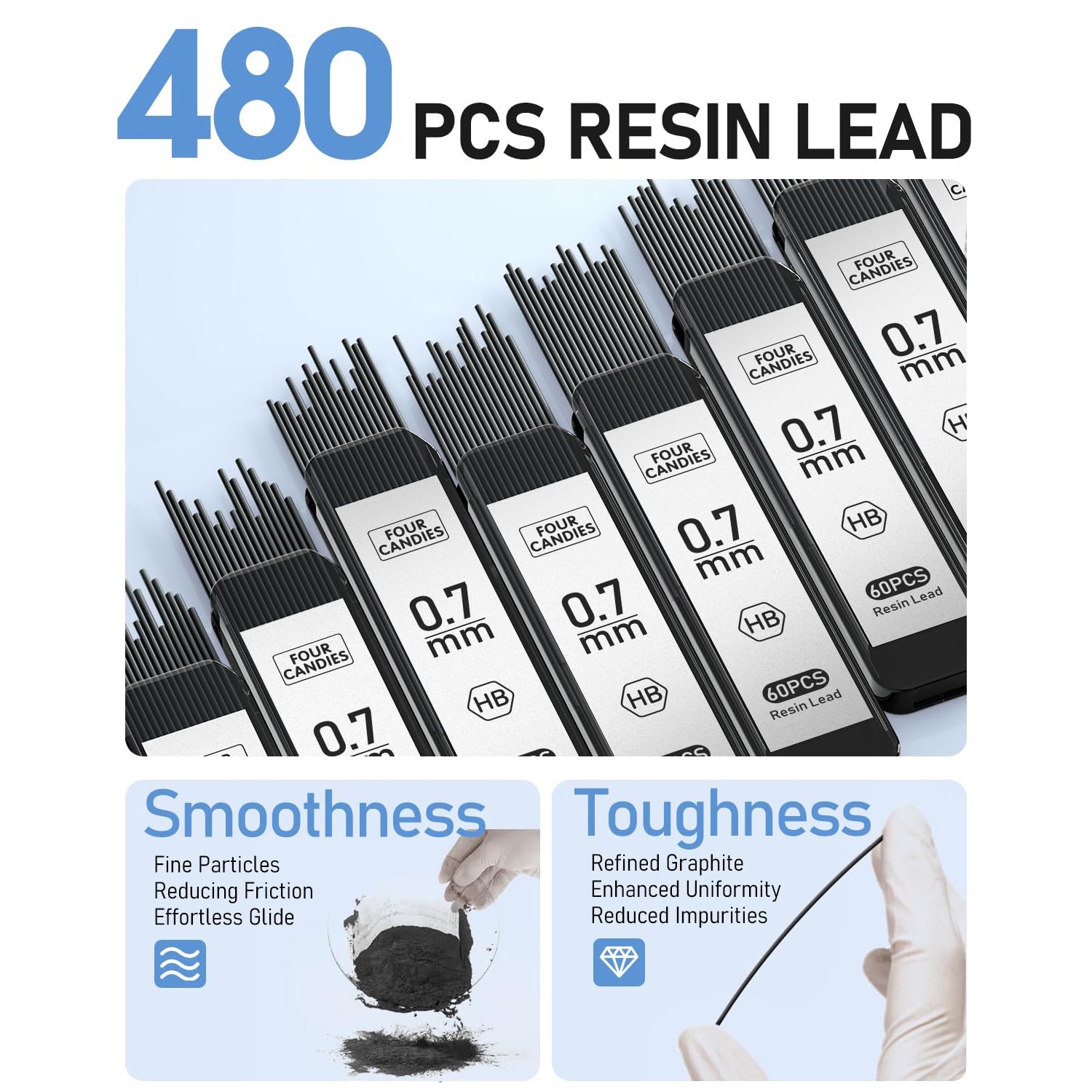 Four Candies 0.7mm Mechanical Pencil Set with Case, 3PCS Metal Pencil with 8 Tubes HB Lead Refills, 3 Erasers, 9 Eraser Refills for Writing Drawing Drafting, Silver