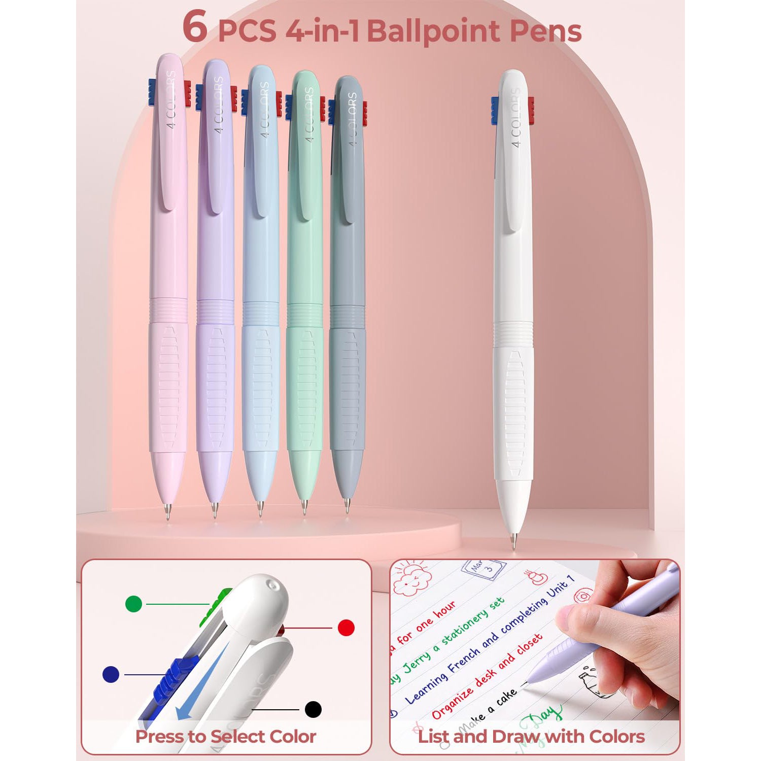 Four Candies 56 PCS Aesthetic Supplies with Large Pencil Case, 6 Colored Ballpoint Pens, 12 Pastel Highlighters, 5 Black Ink Gel Pens, 9 Mechanical Pencils 0.5-2.0mm Essentials (Pink)