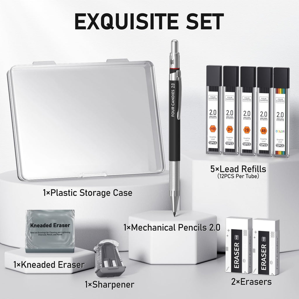 Four Candies 2MM Mechanical Pencil Set with case, Artist Led Pencil Metal Lead Holder with Graphite Lead Refill, Kneaded Eraser, Sharpener for Writing, Drawing, Sketching