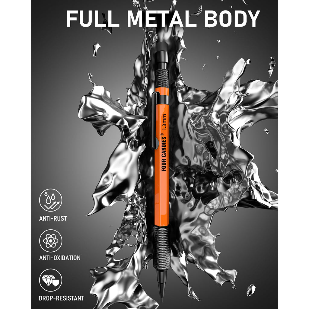 Four Candies 3PCS 1.3mm Mechanical Pencil Set with Case, Metal Heavy Duty Carpenter Pencils with 48 Refill