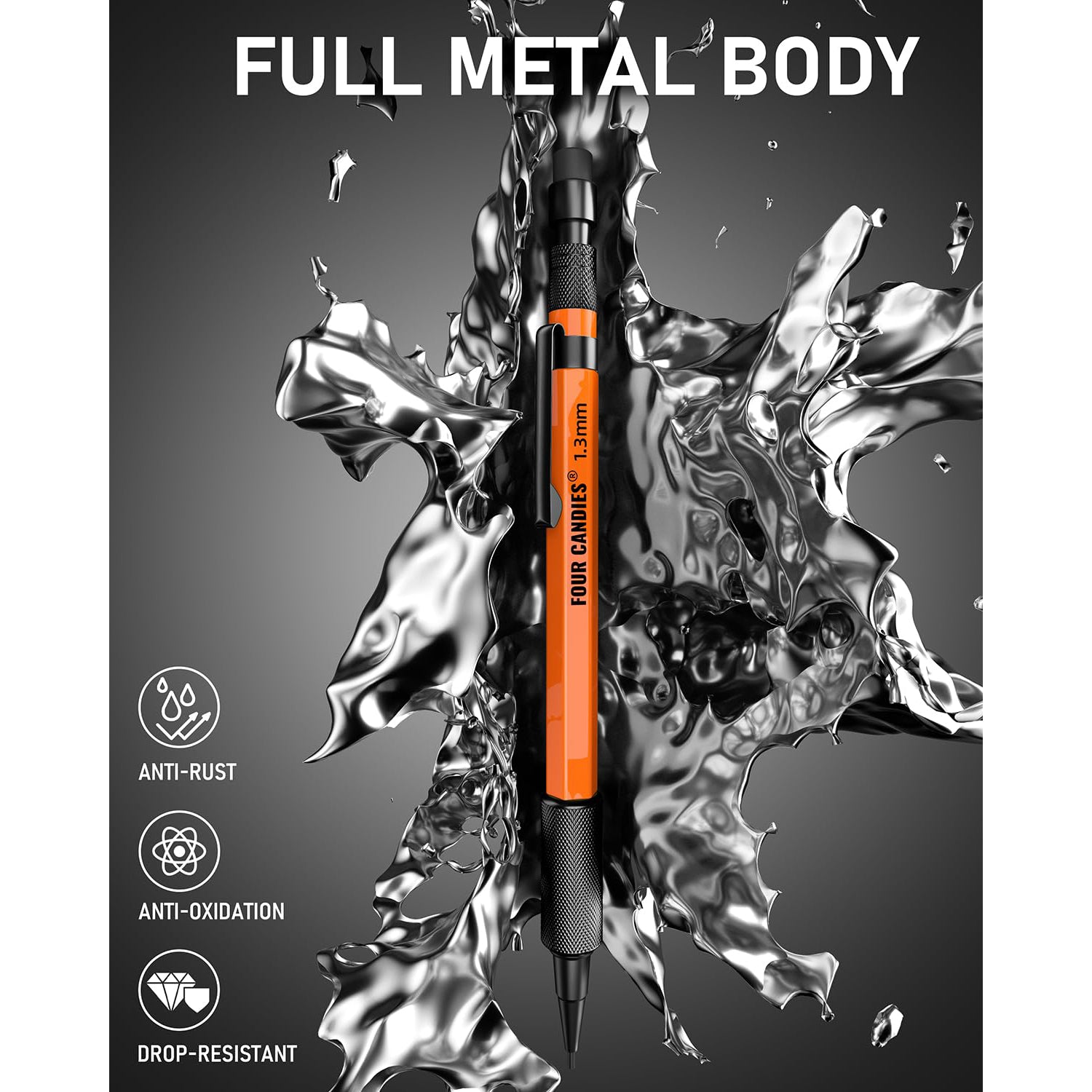 Four Candies 3PCS 1.3mm Mechanical Pencil Set with Case, Metal Heavy Duty Carpenter Pencils with 48 Refill