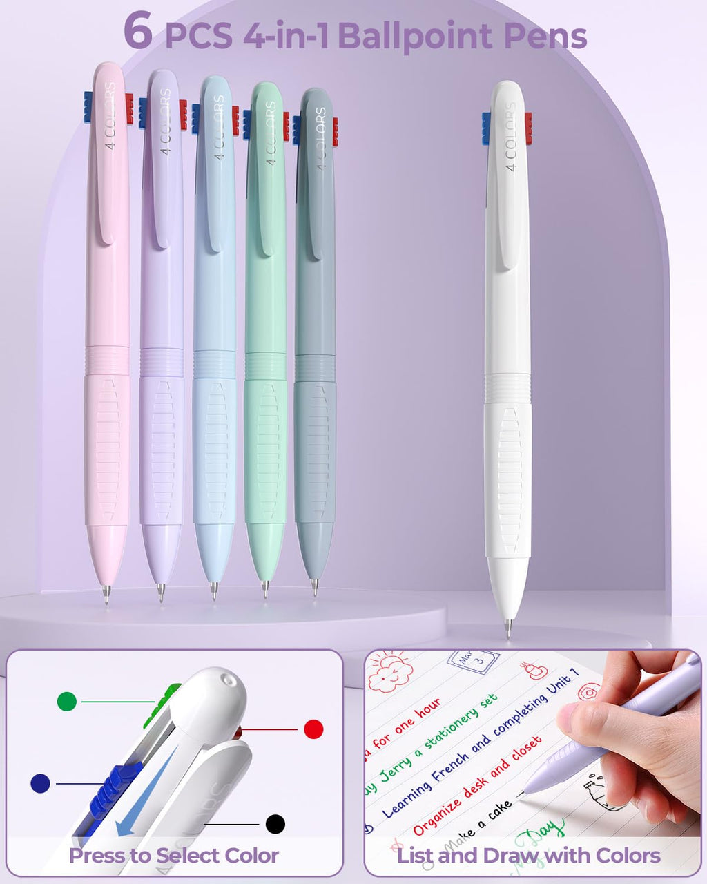 Four Candies 56 PCS Aesthetic Supplies with Pencil Case, 6 Multicolor Pen, 12 Pastel Highlighters, 5 Gel Pens Black Ink, 9 Mechanical Pencils for Stationary Set Preppy Stuff (Purple)