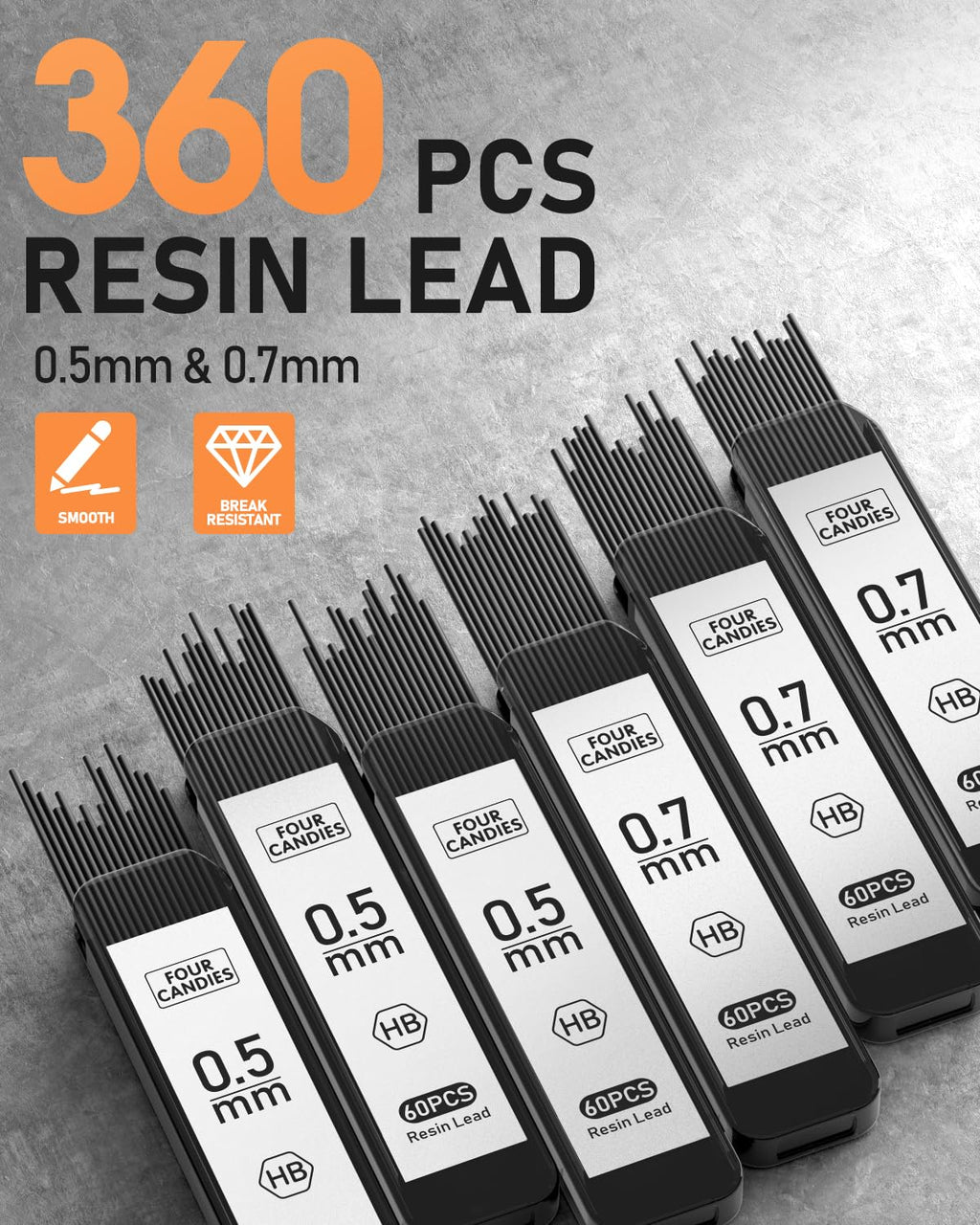 Four Candies 2PCS Metal Mechanical Pencils Set(0.5mm & 0.7 mm) with 6 Tubes (360PCS) HB Lead Refills, 3 Erasers,9 Eraser Refills, Black&Sliver