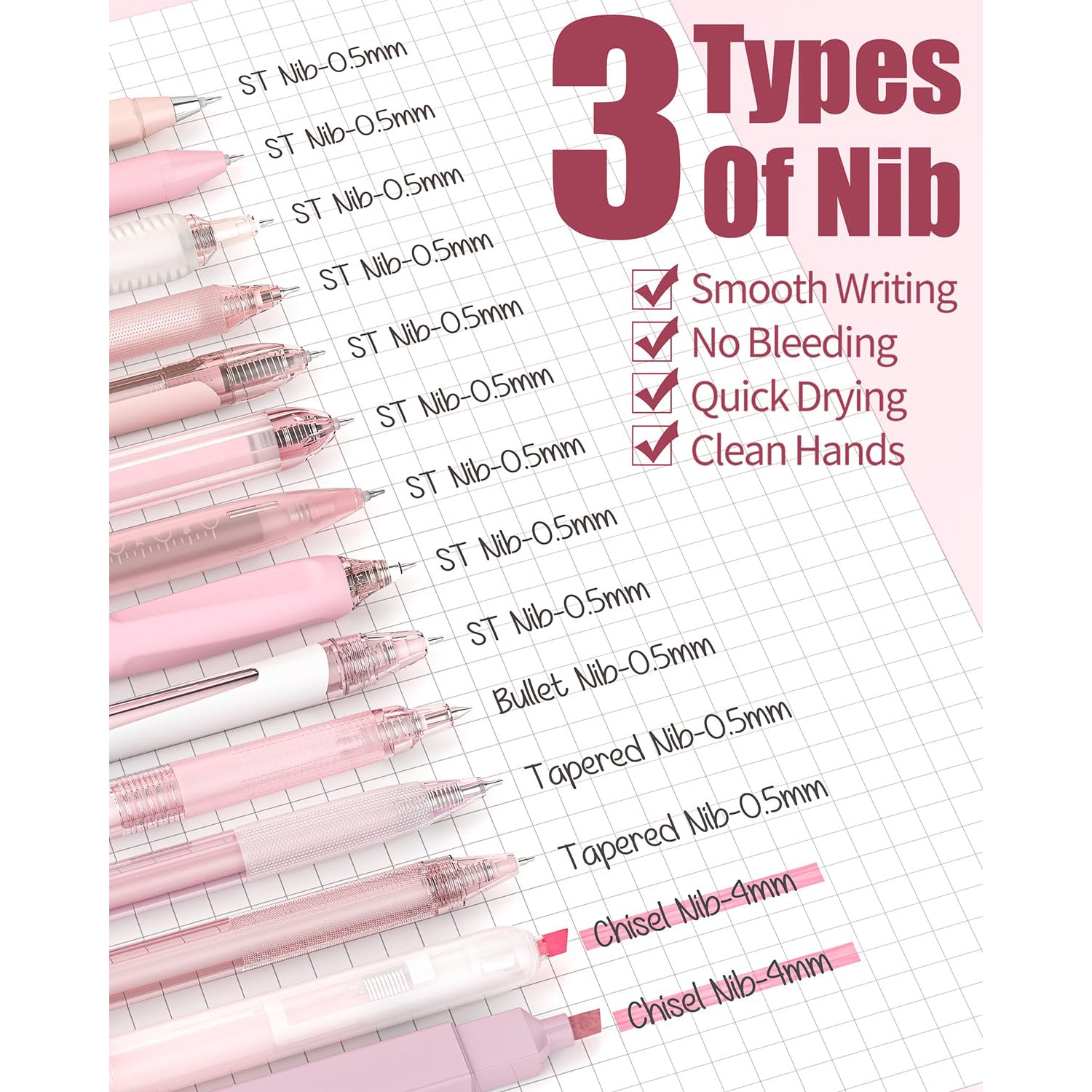 Four Candies 14Pack Pastel Gel Ink Pen Set,Cute Retractable 0.5mm Fine Point Pen,12 Pack Black Ink Pens with 2Pack Highlighter, Smooth Writing Pens(Pink)