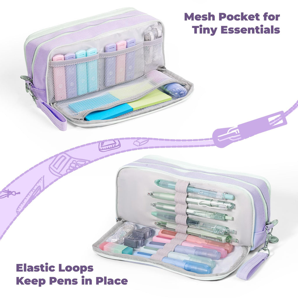 Four Candies Pencil Case 3 Compartment Pouch, Large Pencil Case for Women, Puple, Removable Handle & Zipper, Cute Pencil Bag for Office