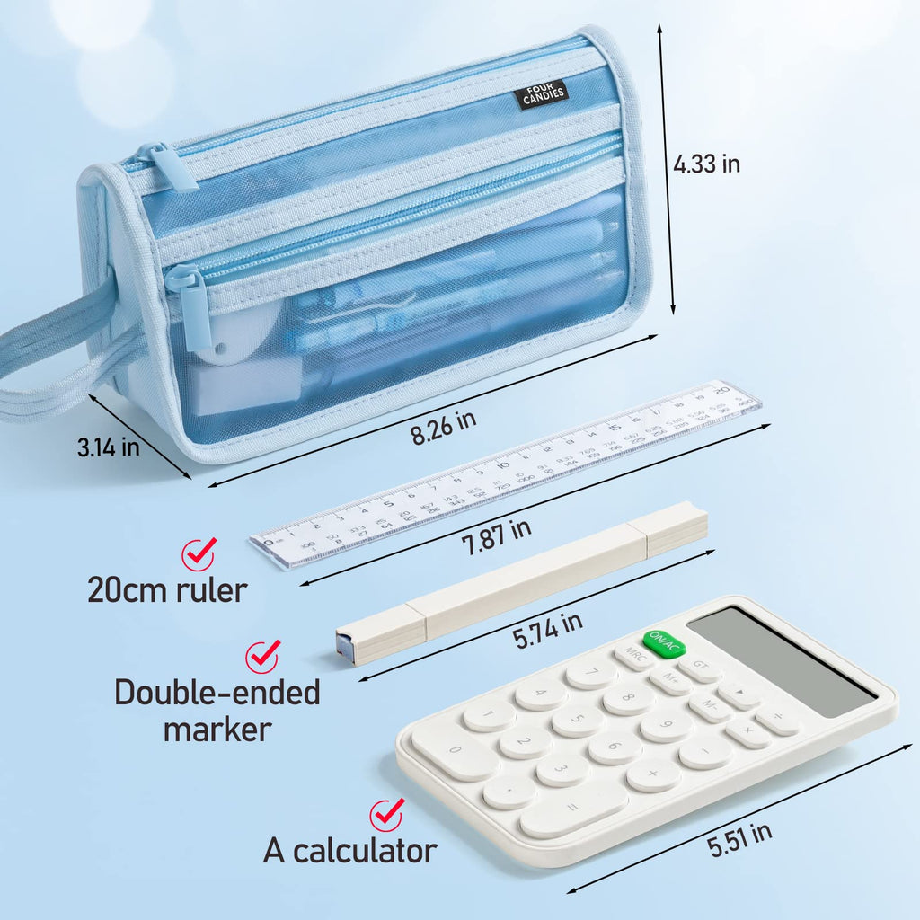 Four Candies Large Capacity Pencil Case, Pencil Case with Zipper, Organized Pencil Cases for Adults, Handheld Pen Bag, Portable Cute Pencil Case, School Supplies for Kids Girls,Blue