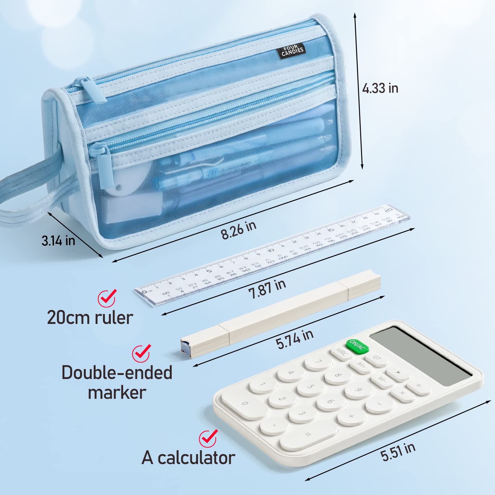 Four Candies Large Capacity Pencil Case, Pencil Case with Zipper, Organized Pencil Cases for Adults, Handheld Pen Bag, Portable Cute Pencil Case, School Supplies for Kids Girls,Blue