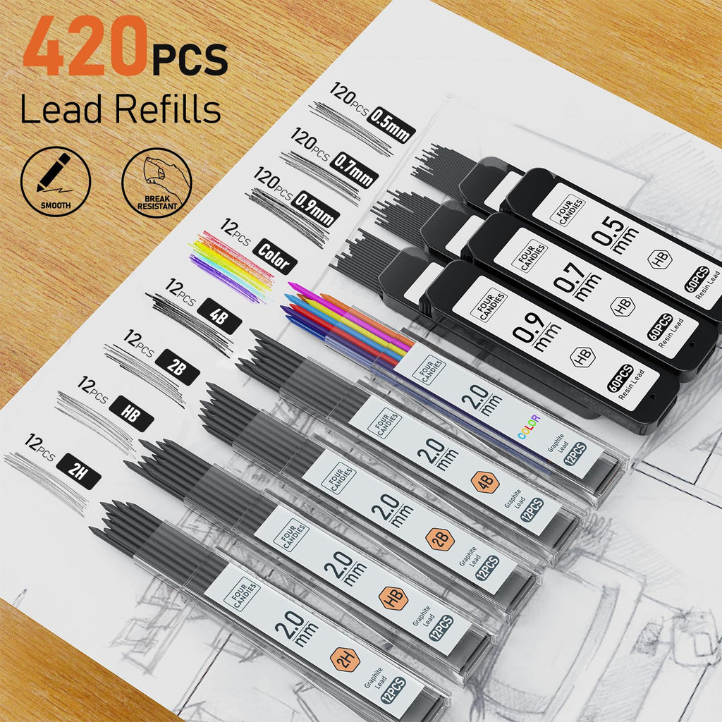 Four Candies Metal Mechanical Pencil Set,5 Count, Metal Mechanical Pencils 0.5, 0.7, 0.9,2.0(2Pcs), 420Pcs Leads (4B 2B HB 2H Color), for Writing Sketching Drawing (Silver)