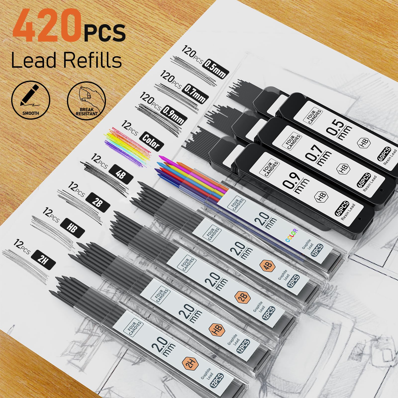 Four Candies Metal Mechanical Pencil Set,5 Count, Metal Mechanical Pencils 0.5, 0.7, 0.9,2.0(2Pcs), 420Pcs Leads (4B 2B HB 2H Color), for Writing Sketching Drawing (Silver)