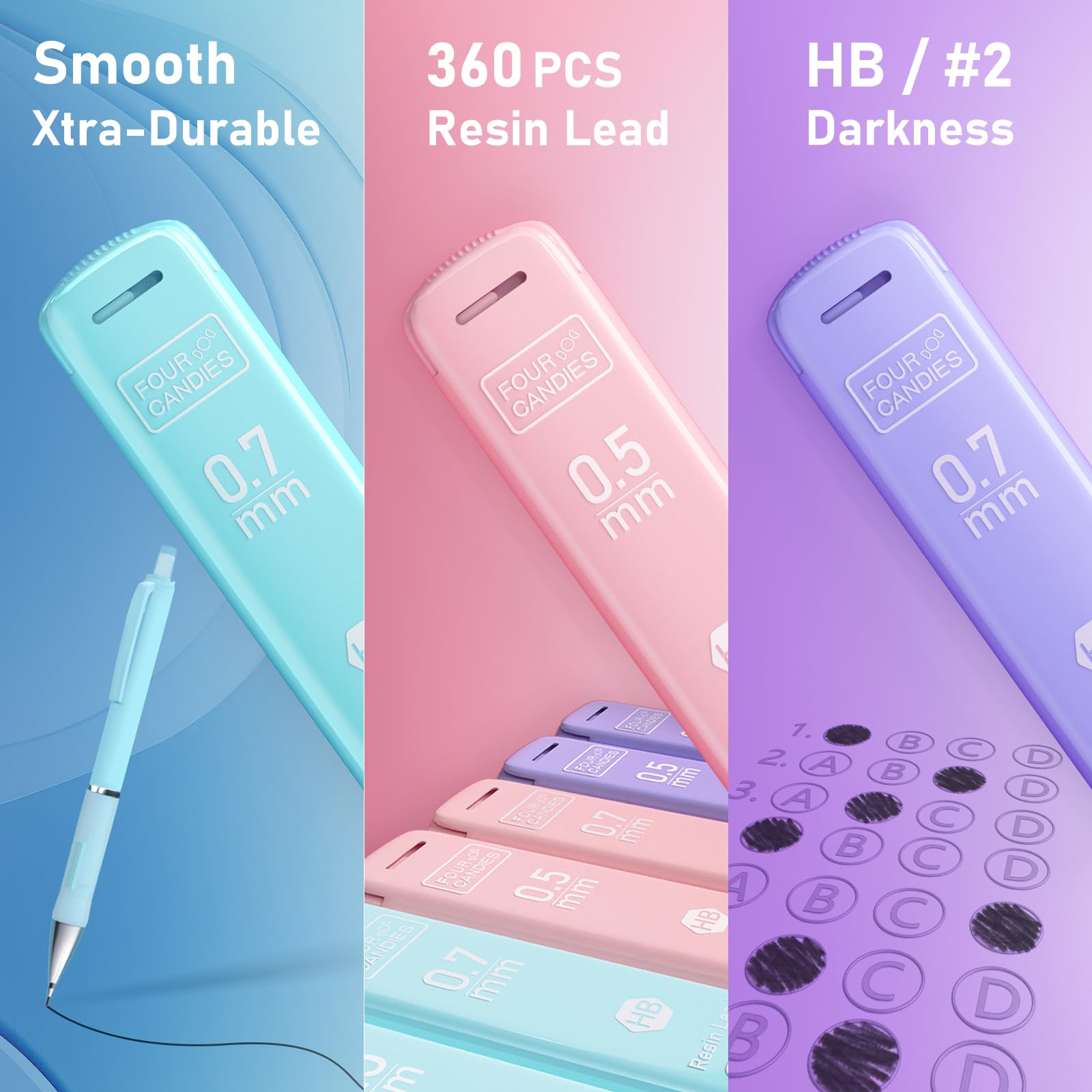 Four Candies Pastel Mechanical Pencil Set for Drawing & Writing,6PCS 0.5mm&0.7mm Mechanical Pencils with 360PCS HB Lead Refills, 3PCS Erasers and 9PCS Eraser Refills