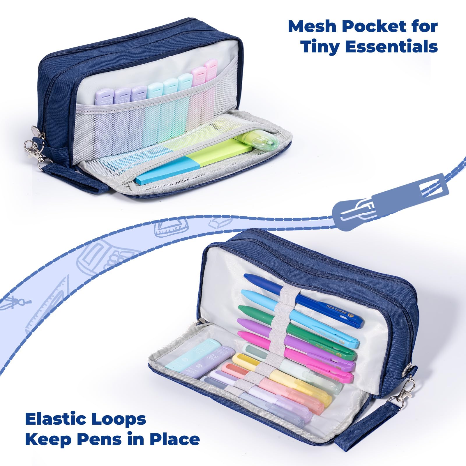 Four Candies Pencil Case 3 Compartment, Large Pencil Case with Removable Handle & Zipper, Cute Stationery Organizer for Markers, Makeup Bag, Cute Pencil Bag for Office College, Navy Blue