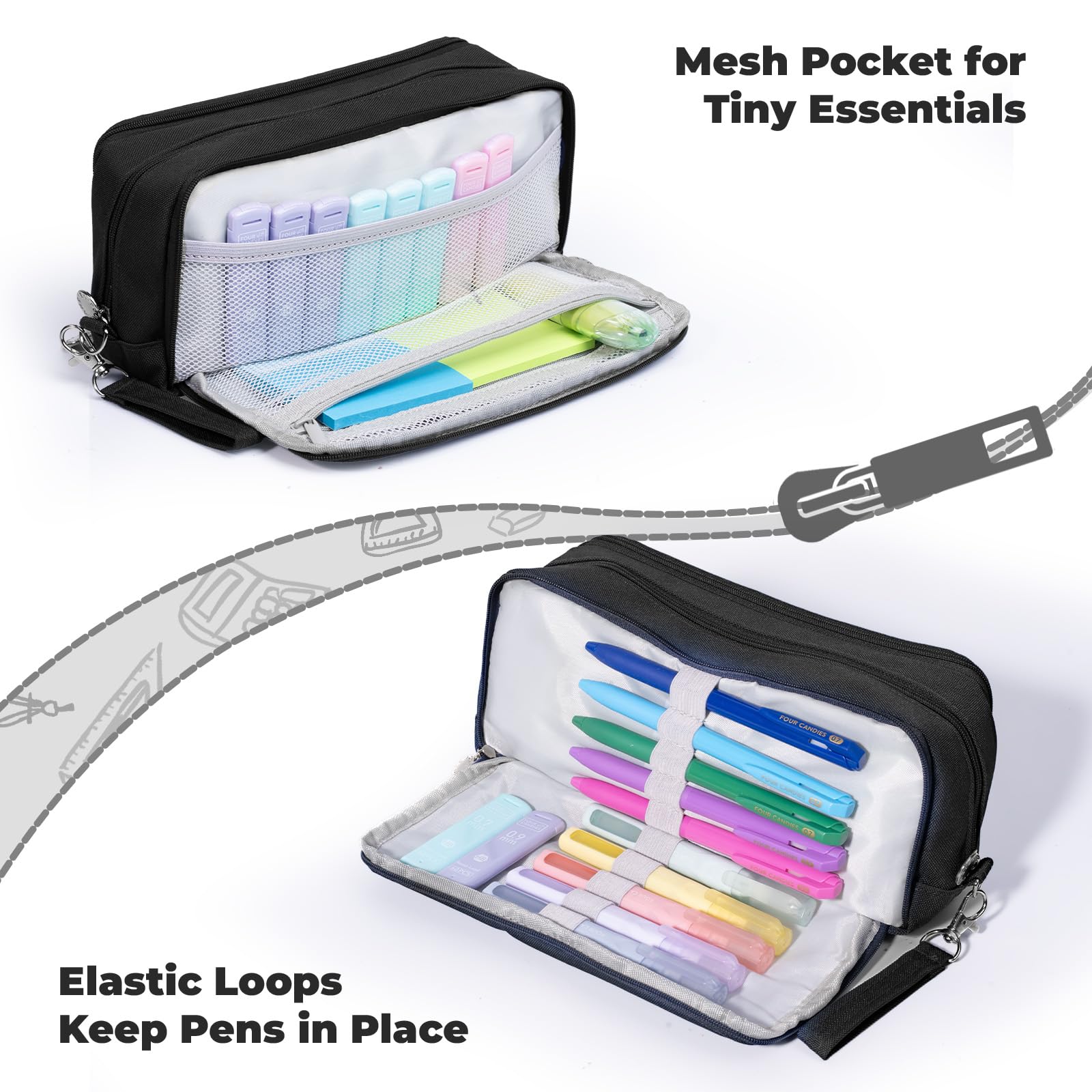 Four Candies Pencil Case 3 Compartment Pouch, Large Pencil Case for Women, Black, Removable Handle & Zipper, Cute Pencil Bag for Office, College
