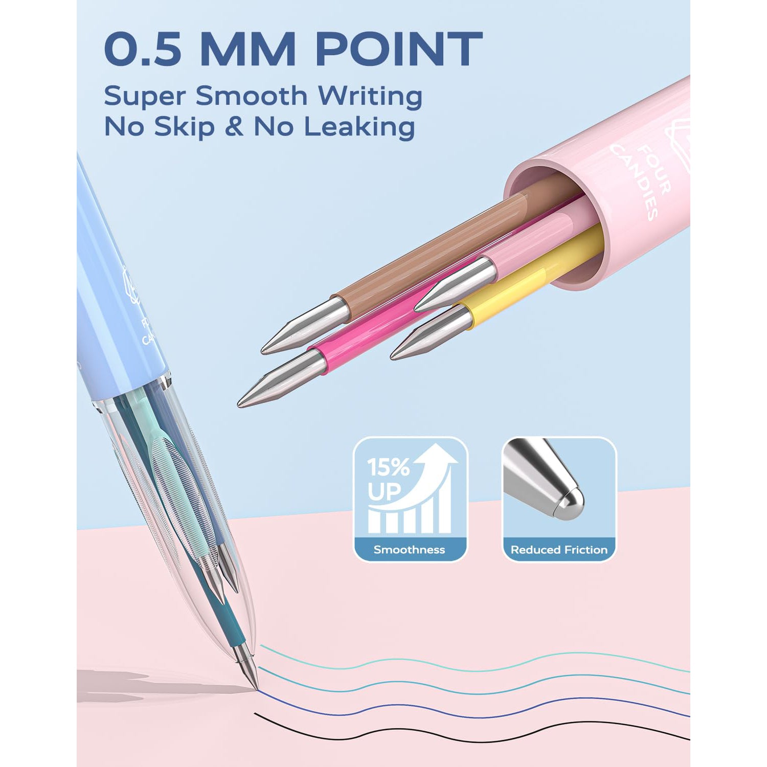 Four Candies 6 PCS Multicolor Pen, 0.5mm Colored Pens, 4-in-1 Multicolor Ink Pens, 18 Colors Retractable Ink Pens for Office Supplies