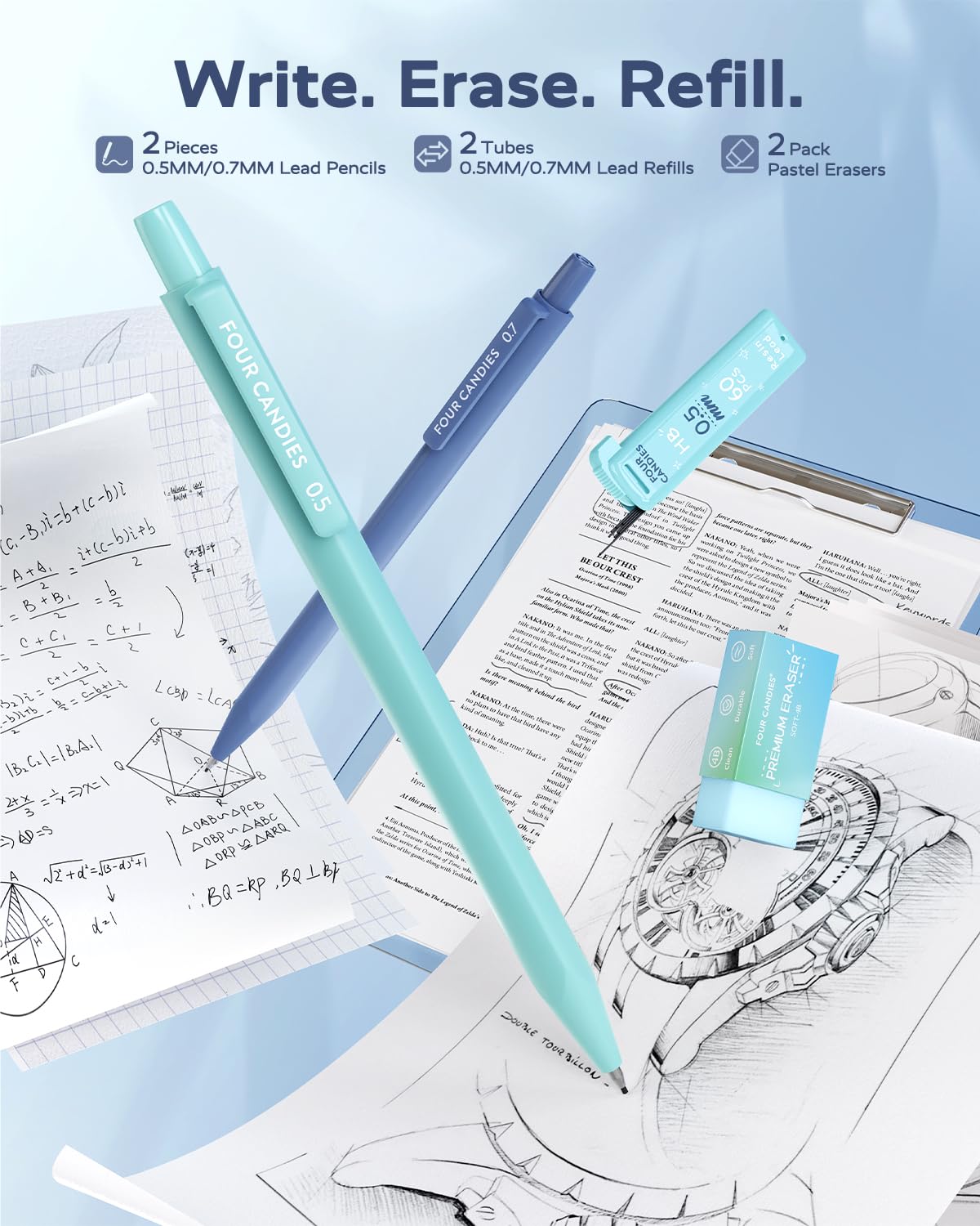 Four Candies Aesthetic Supplies, 4 Gel Pens with Black Ink, 4 Correction Tapes, 2 Pastel Highlighters, 2 Mechanical Pencils, Sticky Notes, Index Post for Bible Supplies Blue