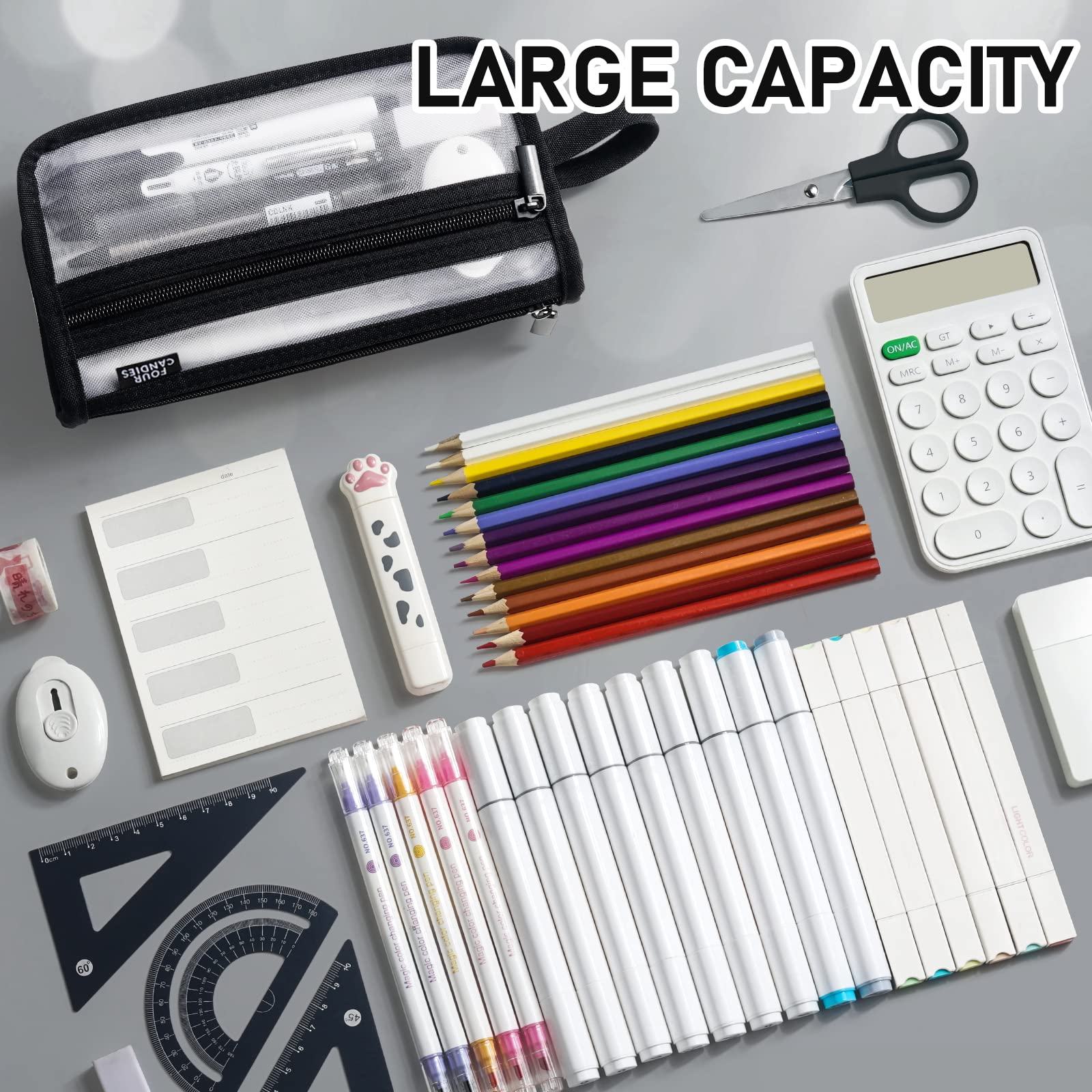 Four Candies Grid Mesh Pencil Case with Handle and Zipper, Clear Double-Layer Pencil Pouch Marker Pouch, Travel Makeup Bag, Stationary Organizer Pen Bag for Adult Office College