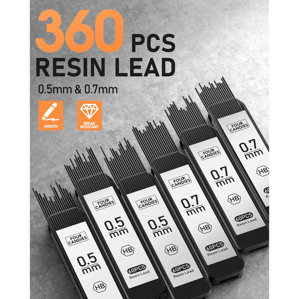 Four Candies 2PCS Metal Mechanical Pencils Set with Case, 0.5mm & 0.7 mm Artist Pencil for Writing Drafting, Drawing, Silver