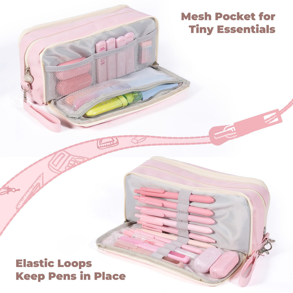 Four Candies Pencil Case 3 Compartment, Large Pencil Case with Removable Handle & Zipper, Cute Stationery Organizer for Markers, Makeup Bag, Cute Pencil Bag for Office College, Pink