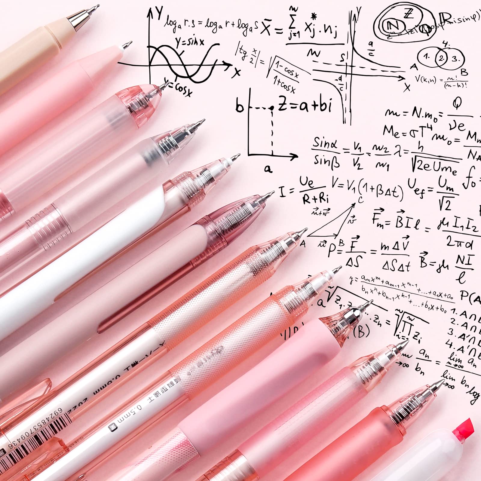 Four Candies Retractable Pink Pen Set, 11Pcs Black Ink Gel Pens(0.5mm), 1Pcs Pink Highlighter, 0.5mm Fine Point for Journaling, Writing and Note-Taking