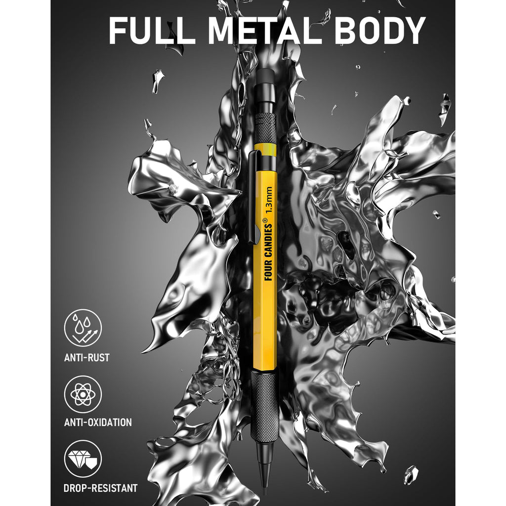 Four Candies 3PCS 1.3mm Mechanical Pencil Set with Case, Metal Heavy Duty Carpenter Pencils with 48 Refill(Red,Black,Yellow) 3Eraser, 12Eraser Refill, Weatherproof Body Outdoor Woodworking Marking